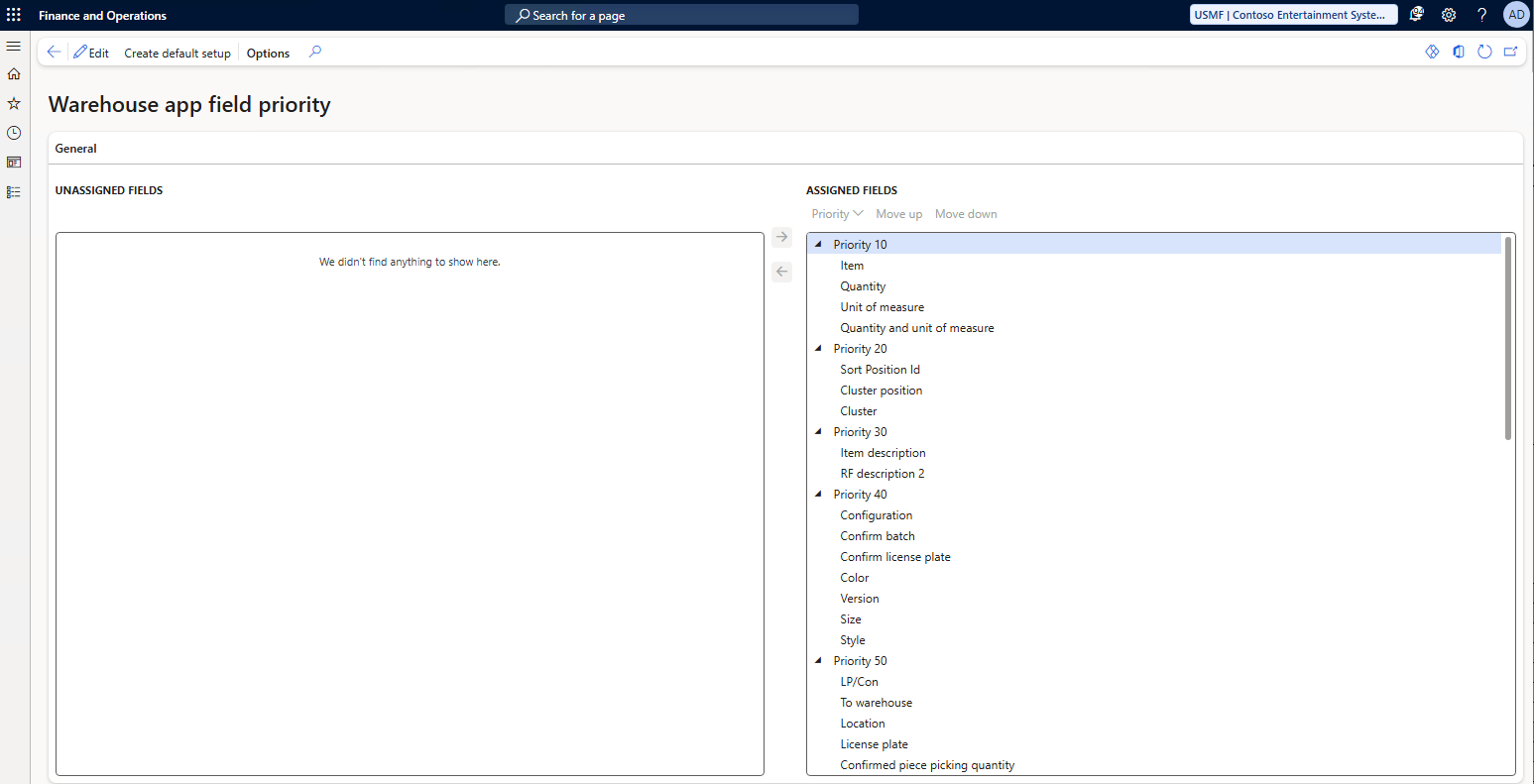 Form in D365 where a setup for Warehouse app fields priority is shown