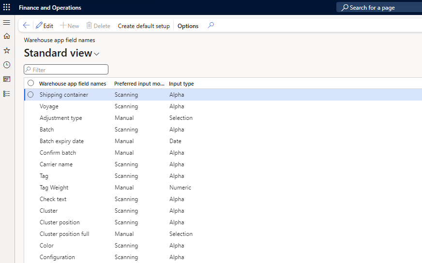 Form in D365 where a setup form for Warehouse app field names is shown