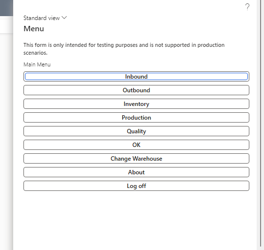 Screenshot of MS WMA Emulator main menu in D365FSCM