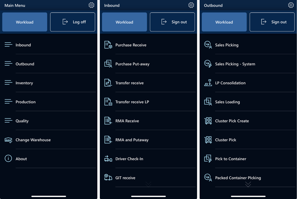 Screenshot of MS WMA main, inbound, and outbound screens on iOS device