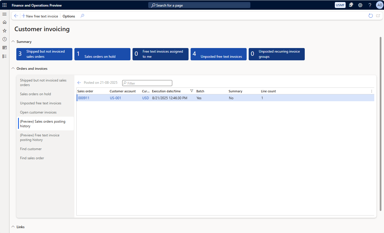 Screenshot of Customer invoicing workspace where a specific date is selected for Posted Sales order invoices