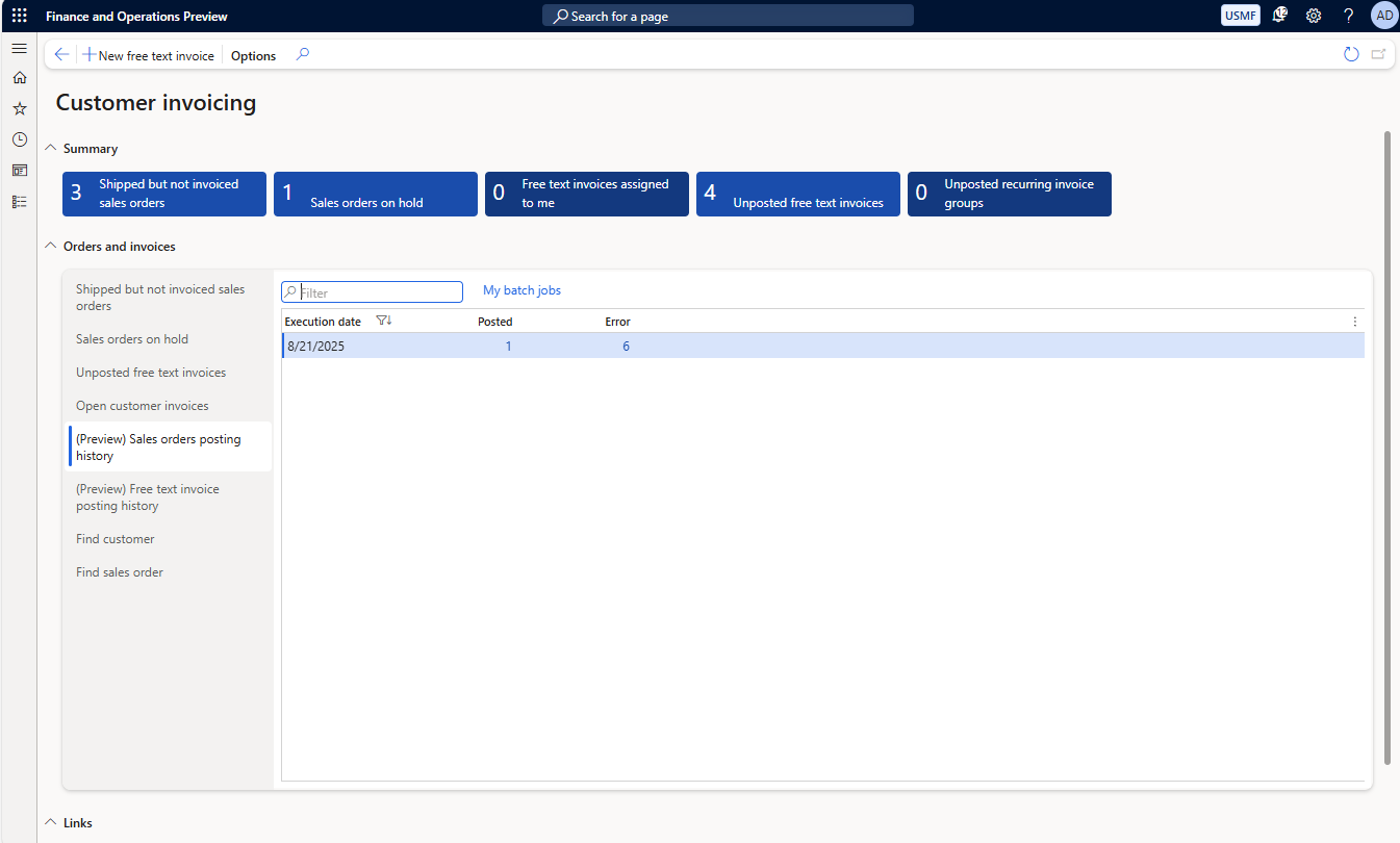 Screenshot of Customer invoicing workspace where Sales orders posting history is selected