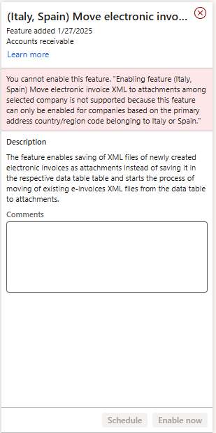 Screenshot of the requirements needed for enablement of the feature