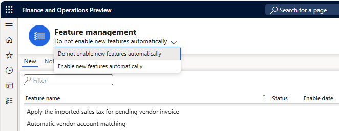 Screenshot of the header section displaying options for automatic enablement of features