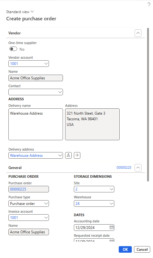 Screenshot of Create purchase order form