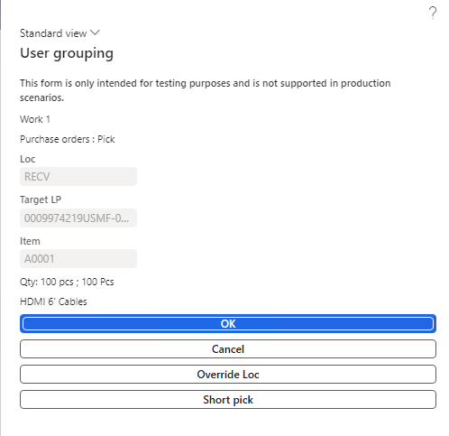 Screenshot of filled-in Purchase Put-away pick form