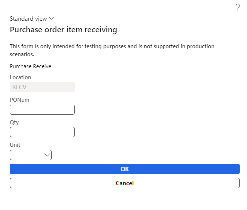 Screenshot of Purchase receive Mobile menu item in Warehouse management application simulator