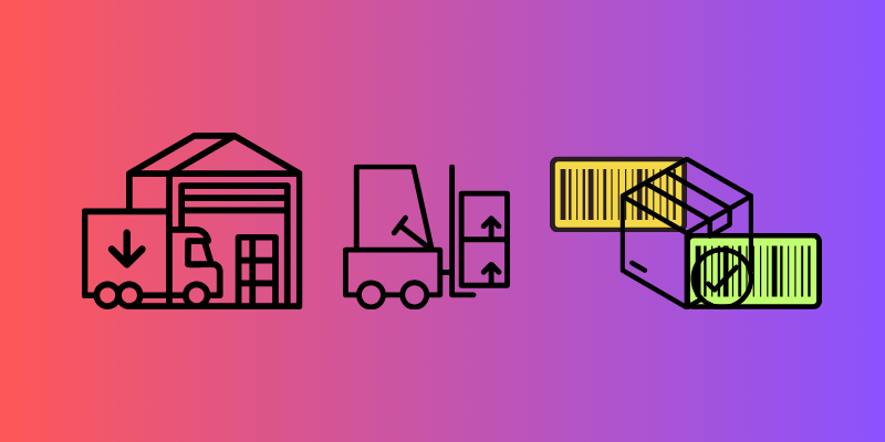 Image showing transport of goods with freight on a truck then on the forklift and finally a package with barcodes